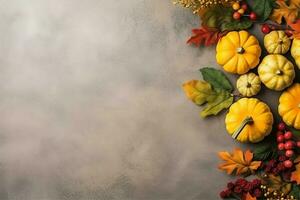 Thanksgiving day or autumn composition with pumpkin, oranges, leaves or chicken. Thanksgiving food concept by AI Generated photo