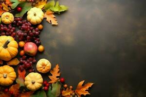 Thanksgiving day or autumn composition with pumpkin, oranges, leaves or chicken. Thanksgiving food concept by AI Generated photo