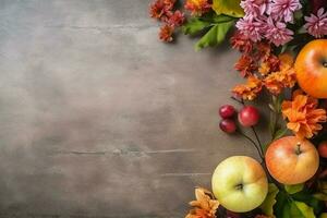 Thanksgiving day or autumn composition with pumpkin, oranges, leaves or chicken. Thanksgiving food concept by AI Generated photo