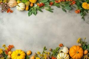 acción de gracias día o otoño composición con calabaza, naranjas, hojas o pollo. acción de gracias comida concepto por ai generado foto