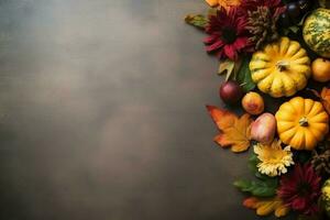 Thanksgiving day or autumn composition with pumpkin, oranges, leaves or chicken. Thanksgiving food concept by AI Generated photo