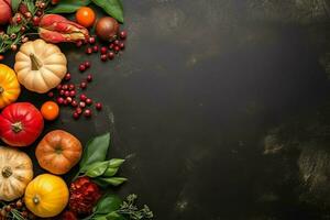 Thanksgiving day or autumn composition with pumpkin, oranges, leaves or chicken. Thanksgiving food concept by AI Generated photo