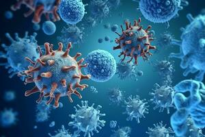 3D render of a medical with virus cells bacteria. Multiple realistic coronavirus particles floating concept by AI Generated photo