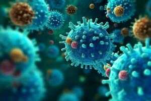 3D render of a medical with virus cells bacteria. Multiple realistic coronavirus particles floating concept by AI Generated photo