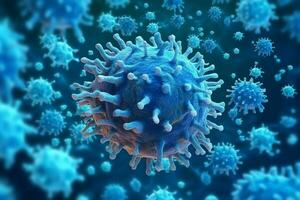 3D render of a medical with virus cells bacteria. Multiple realistic coronavirus particles floating concept by AI Generated photo