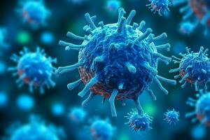 3D render of a medical with virus cells bacteria. Multiple realistic coronavirus particles floating concept by AI Generated photo