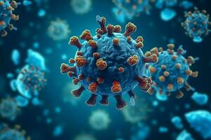 3D render of a medical with virus cells bacteria. Multiple realistic coronavirus particles floating concept by AI Generated photo
