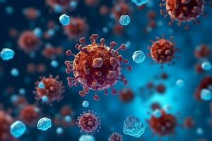 3D render of a medical with virus cells bacteria. Multiple realistic coronavirus particles floating concept by AI Generated photo