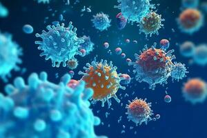 3D render of a medical with virus cells bacteria. Multiple realistic coronavirus particles floating concept by AI Generated photo