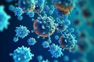 3D render of a medical with virus cells bacteria. Multiple realistic coronavirus particles floating concept by AI Generated photo
