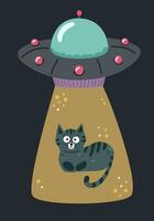 A UFO abducts a cat, aliens. Vector illustration isolated on white background