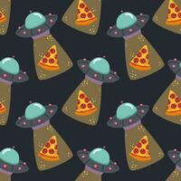 UFO and pizza. Seamless pattern on a dark background. Vector illustration