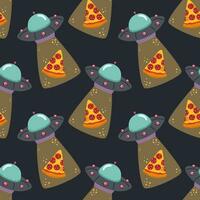 UFO and pizza. Seamless pattern on a dark background. Vector illustration