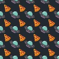 UFO and pizza. Seamless pattern on a dark background. Vector illustration