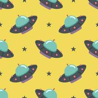 Flying saucer. Seamless pattern on a yellow background. Vector illustration