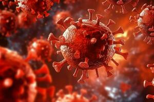 3D render of a medical with virus cells bacteria. Multiple realistic coronavirus particles floating concept by AI Generated photo