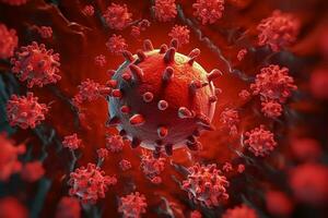 3D render of a medical with virus cells bacteria. Multiple realistic coronavirus particles floating concept by AI Generated photo