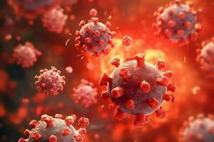 3D render of a medical with virus cells bacteria. Multiple realistic coronavirus particles floating concept by AI Generated photo