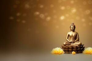 A buddha sits in in vesak buddha purnima day with copy space. Background for vesak festival day concept. Vesak celebration day greetings concept by AI Generated photo