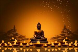 A buddha sits in in vesak buddha purnima day with copy space. Background for vesak festival day concept. Vesak celebration day greetings concept by AI Generated photo