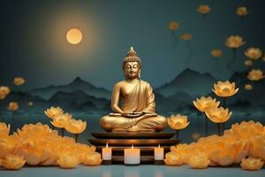 A buddha sits in in vesak buddha purnima day with copy space. Background for vesak festival day concept. Vesak celebration day greetings concept by AI Generated photo