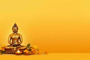 A buddha sits in in vesak buddha purnima day with copy space. Background for vesak festival day concept. Vesak celebration day greetings concept by AI Generated photo