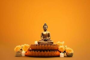 A buddha sits in in vesak buddha purnima day with copy space. Background for vesak festival day concept. Vesak celebration day greetings concept by AI Generated photo