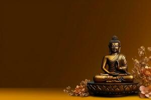 un Buda se sienta en en vesak Buda purnima día con Copiar espacio. antecedentes para vesak festival día concepto. vesak celebracion día saludos concepto por ai generado foto