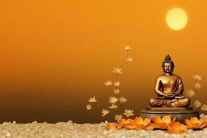 A buddha sits in in vesak buddha purnima day with copy space. Background for vesak festival day concept. Vesak celebration day greetings concept by AI Generated photo