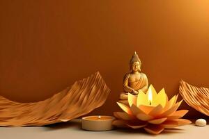 A buddha sits in in vesak buddha purnima day with copy space. Background for vesak festival day concept. Vesak celebration day greetings concept by AI Generated photo
