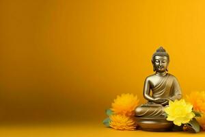 A buddha sits in in vesak buddha purnima day with copy space. Background for vesak festival day concept. Vesak celebration day greetings concept by AI Generated photo