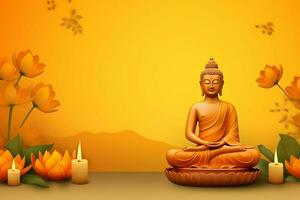 A buddha sits in in vesak buddha purnima day with copy space. Background for vesak festival day concept. Vesak celebration day greetings concept by AI Generated photo