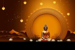 A buddha sits in in vesak buddha purnima day with copy space. Background for vesak festival day concept. Vesak celebration day greetings concept by AI Generated photo