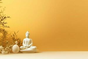 A buddha sits in in vesak buddha purnima day with copy space. Background for vesak festival day concept. Vesak celebration day greetings concept by AI Generated photo