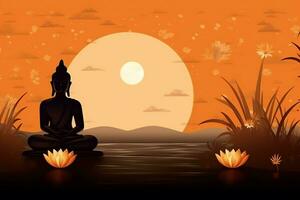 A buddha sits in in vesak buddha purnima day with copy space. Background for vesak festival day concept. Vesak celebration day greetings concept by AI Generated photo