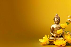 A buddha sits in in vesak buddha purnima day with copy space. Background for vesak festival day concept. Vesak celebration day greetings concept by AI Generated photo