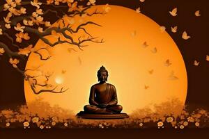 A buddha sits in in vesak buddha purnima day with copy space. Background for vesak festival day concept. Vesak celebration day greetings concept by AI Generated photo