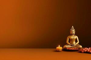 A buddha sits in in vesak buddha purnima day with copy space. Background for vesak festival day concept. Vesak celebration day greetings concept by AI Generated photo