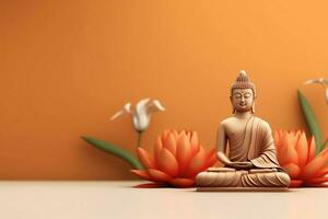 A buddha sits in in vesak buddha purnima day with copy space. Background for vesak festival day concept. Vesak celebration day greetings concept by AI Generated photo