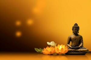 A buddha sits in in vesak buddha purnima day with copy space. Background for vesak festival day concept. Vesak celebration day greetings concept by AI Generated photo
