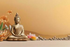 A buddha sits in in vesak buddha purnima day with copy space. Background for vesak festival day concept. Vesak celebration day greetings concept by AI Generated photo