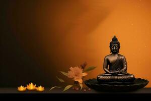 A buddha sits in in vesak buddha purnima day with copy space. Background for vesak festival day concept. Vesak celebration day greetings concept by AI Generated photo