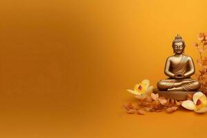 un Buda se sienta en en vesak Buda purnima día con Copiar espacio. antecedentes para vesak festival día concepto. vesak celebracion día saludos concepto por ai generado foto