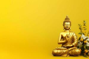 un Buda se sienta en en vesak Buda purnima día con Copiar espacio. antecedentes para vesak festival día concepto. vesak celebracion día saludos concepto por ai generado foto