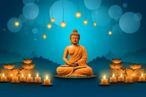 A buddha sits in in vesak buddha purnima day with copy space. Background for vesak festival day concept. Vesak celebration day greetings concept by AI Generated photo