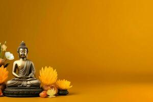 A buddha sits in in vesak buddha purnima day with copy space. Background for vesak festival day concept. Vesak celebration day greetings concept by AI Generated photo