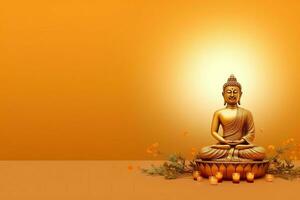 A buddha sits in in vesak buddha purnima day with copy space. Background for vesak festival day concept. Vesak celebration day greetings concept by AI Generated photo