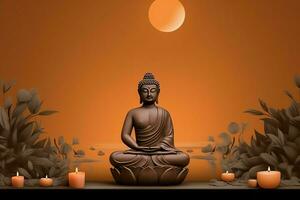 A buddha sits in in vesak buddha purnima day with copy space. Background for vesak festival day concept. Vesak celebration day greetings concept by AI Generated photo