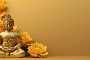 A buddha sits in in vesak buddha purnima day with copy space. Background for vesak festival day concept. Vesak celebration day greetings concept by AI Generated photo