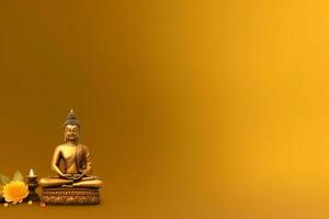A buddha sits in in vesak buddha purnima day with copy space. Background for vesak festival day concept. Vesak celebration day greetings concept by AI Generated photo